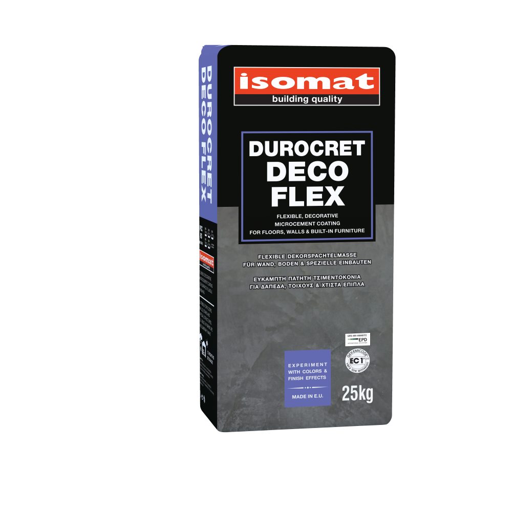 Isomat DUROCRET-DECO FLEX - Εύκαμπτη, ινοπλισμένη, ρητινούχα πατητή τσιμεντοκονία για δάπεδα, τοίχους και χτιστά έπιπλα
