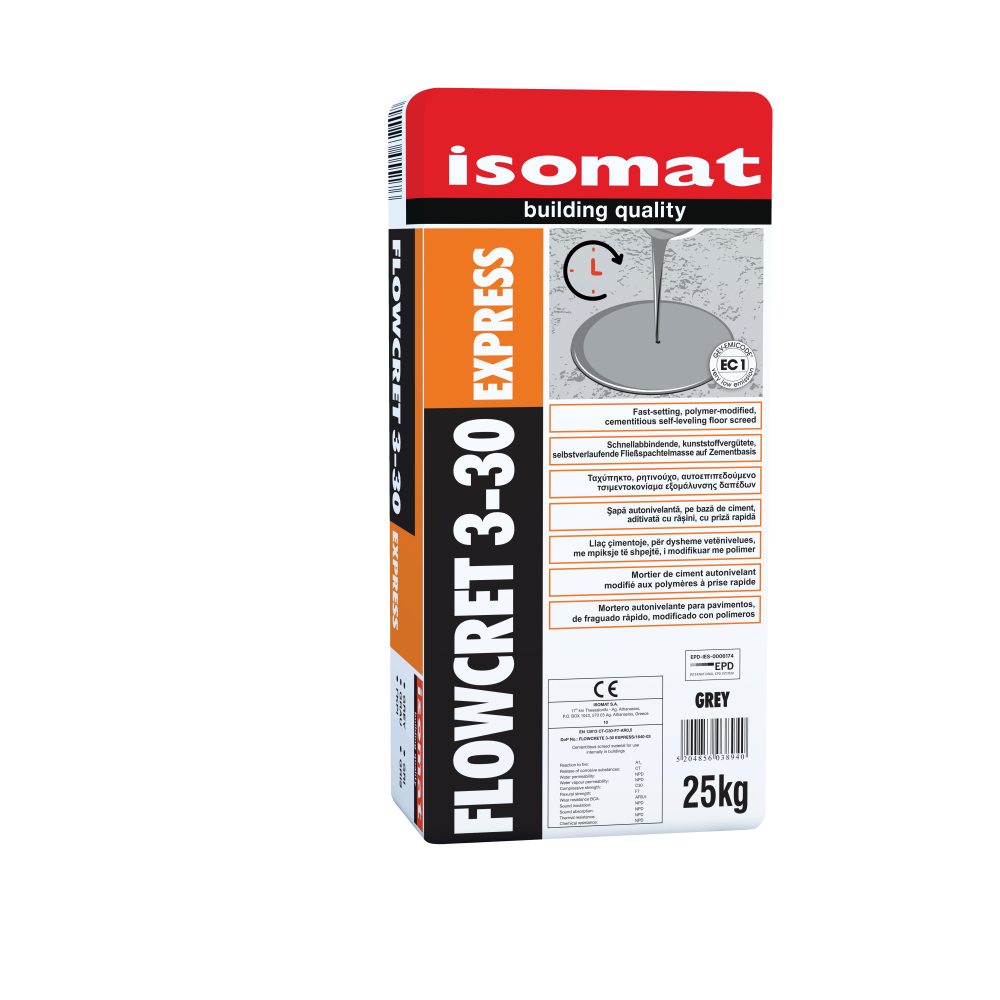 Isomat FLOWCRET 3-30 EXPRESS - Ταχύπηκτο, ρητινούχο αυτοεπιπεδούμενο τσιμεντοκονίαμα εξομάλυνσης δαπέδων