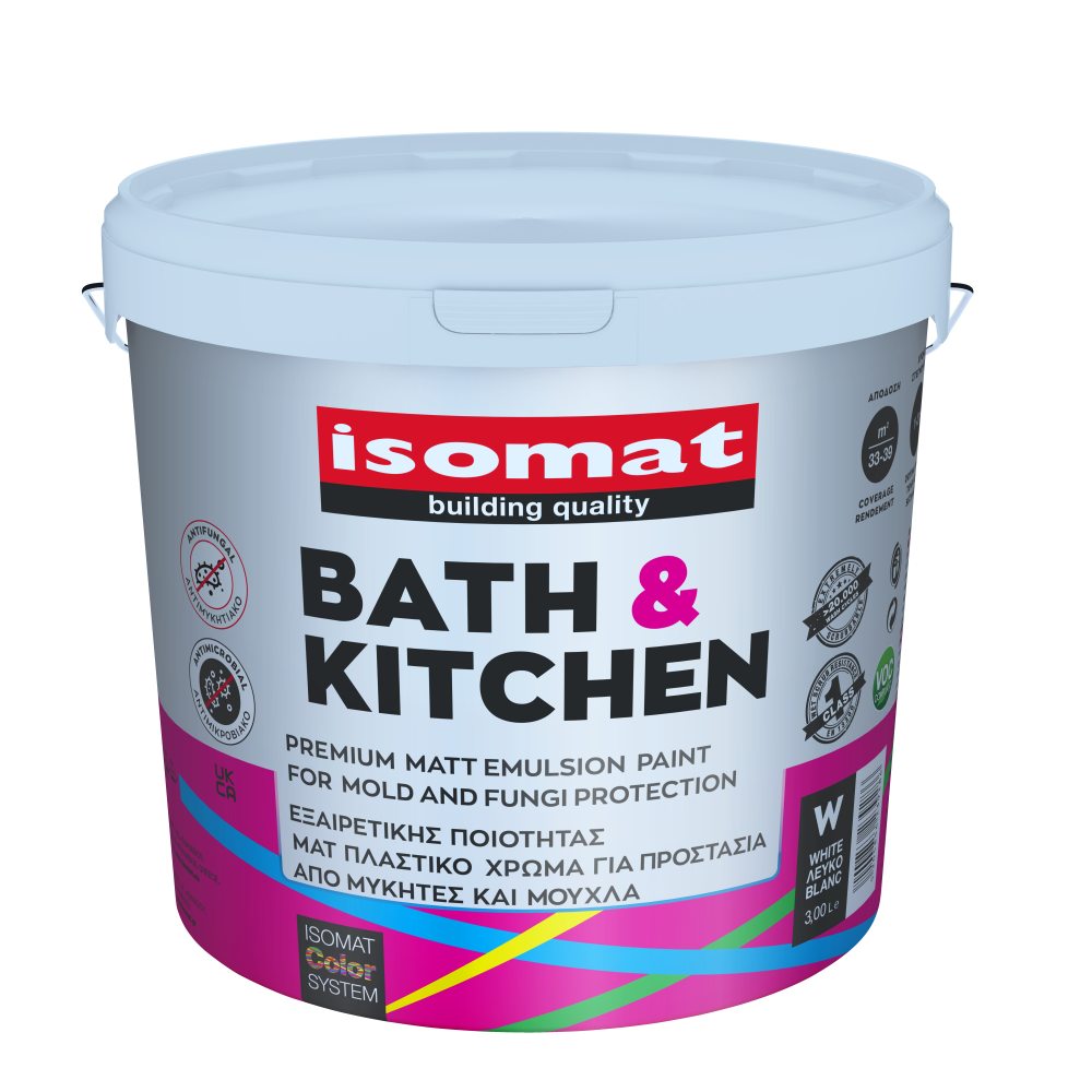 Isomat ISOMAT BATH & KITCHEN - Εξαιρετικής ποιότητας, ματ πλαστικό χρώμα για προστασία από μύκητες και μούχλα για εσωτερική χρήση