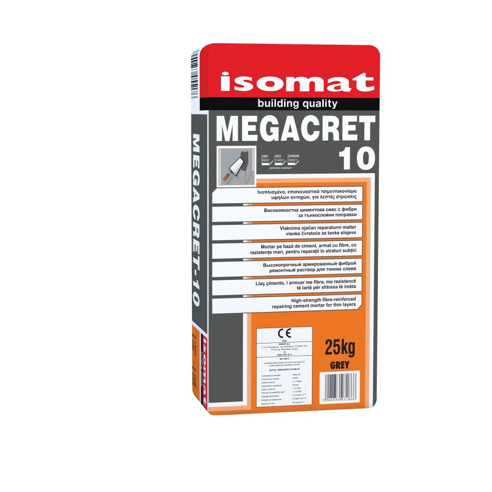 Isomat MEGACRET-10 - Ινοπλισμένο επισκευαστικό τσιμεντοκονίαμα υψηλών αντοχών για λεπτά πάχη