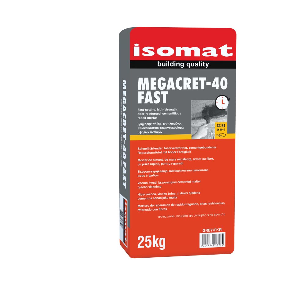 Isomat MEGACRET-40 FAST - Γρήγορης πήξης, ινοπλισμένο επισκευαστικό τσιμεντοκονίαμα υψηλών αντοχών