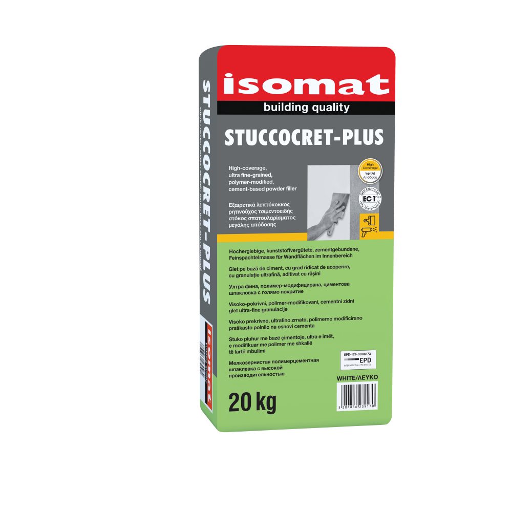 Isomat STUCCOCRET-PLUS - Μεγάλης απόδοσης και αντοχής, εξαιρετικά λεπτόκοκκος, ρητινούχος στόκος σπατουλαρίσματος για εσωτερική χρήση