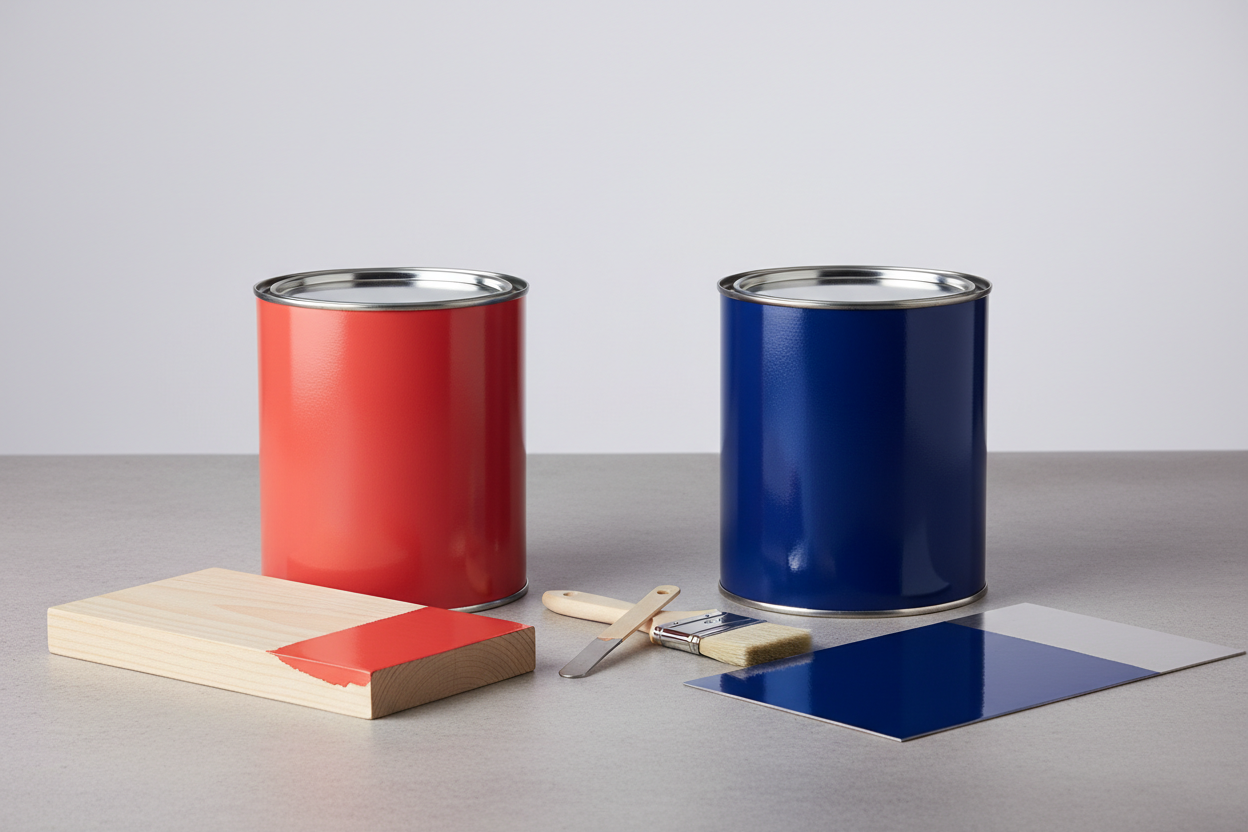 Φωτορεαλιστική product-shot λήψη με φωτισμό στούντιο. Δύο μεταλλικά δοχεία βερνικοχρώματος κάλυψης (enamel), χωρίς ετικέτες ή γράμματα: το πρώτο βαμμένο εξωτερικά σε ζωηρό κοραλί/κόκκινο, το δεύτερο σε έντονο βαθύ μπλε. Μπροστά από το πρώτο δείγμα ξύλινης επιφάνειας μισοβαμμένο με λεία, αδιαφανή κάλυψη. Μπροστά από το δεύτερο καθαρό δείγμα μετάλλου μισοβαμμένο μπλε, με εμφανή γυαλάδα και σκληρή υφή. Ελάχιστα εργαλεία βαφής, ουδέτερο φόντο, υψηλή ευκρίνεια, ρεαλιστικές αντανακλάσεις, χωρίς CGI, χωρίς brands.